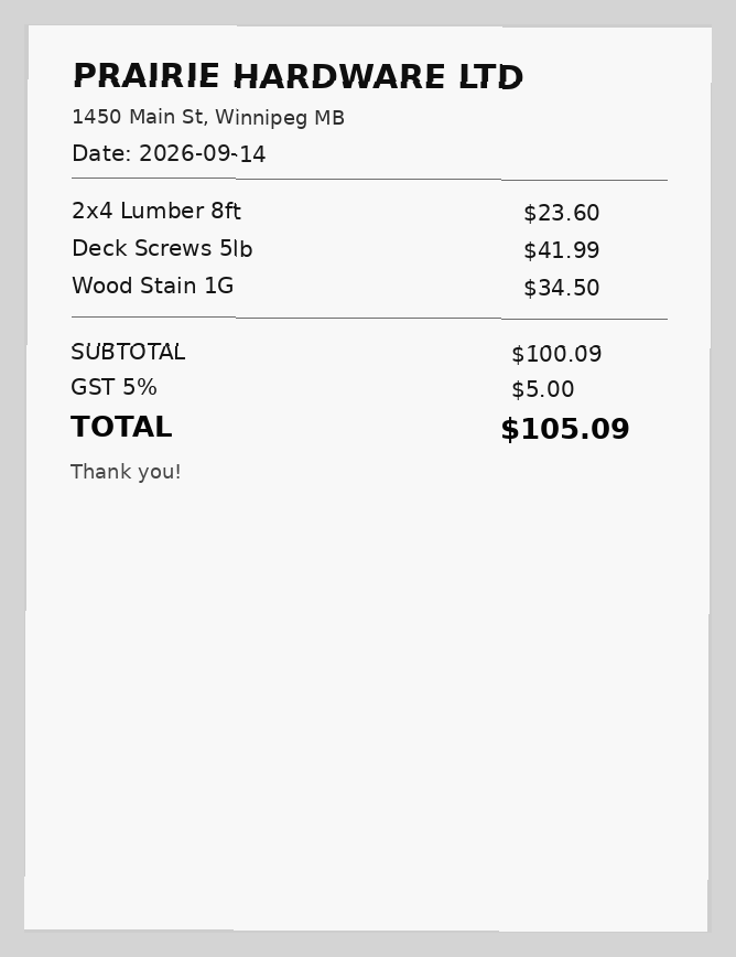 Photo of a hardware store receipt